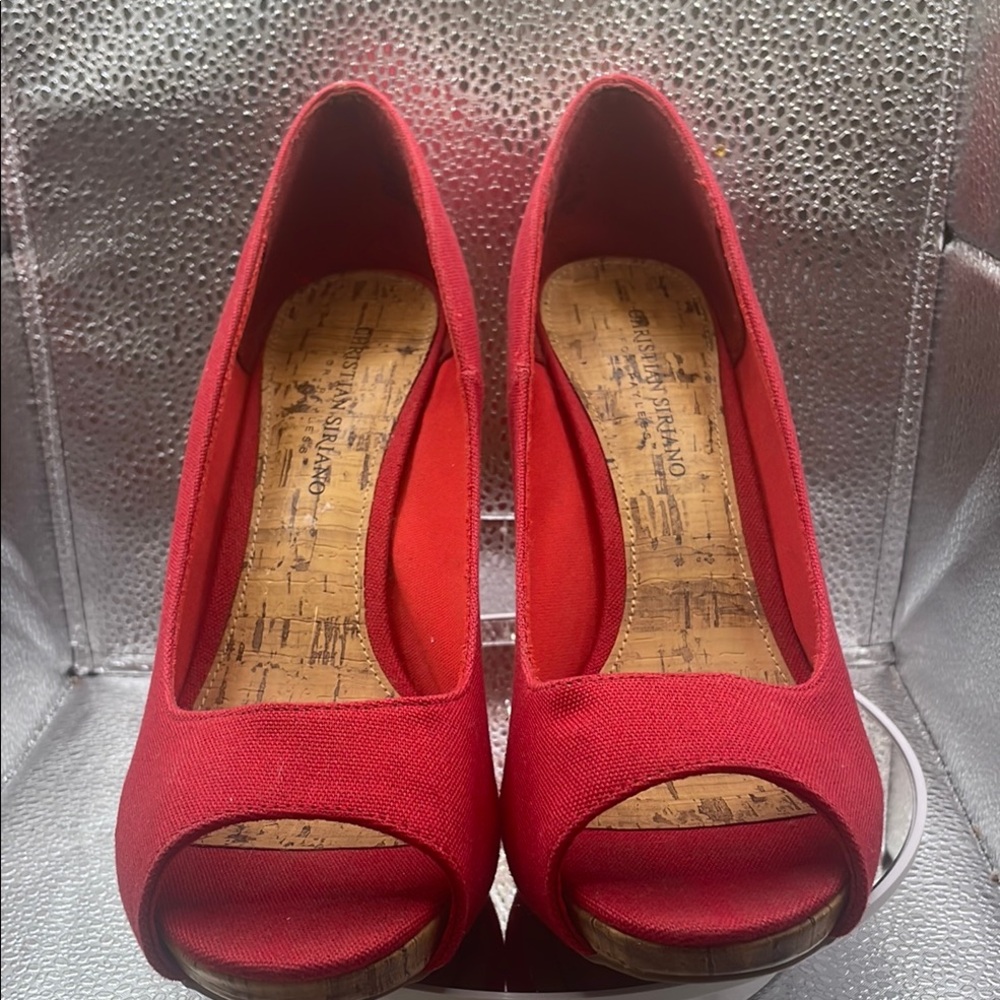Christian Siriano Red Canvas Peep Toe With Cork Accents Size 9 - Picture 3 of 12